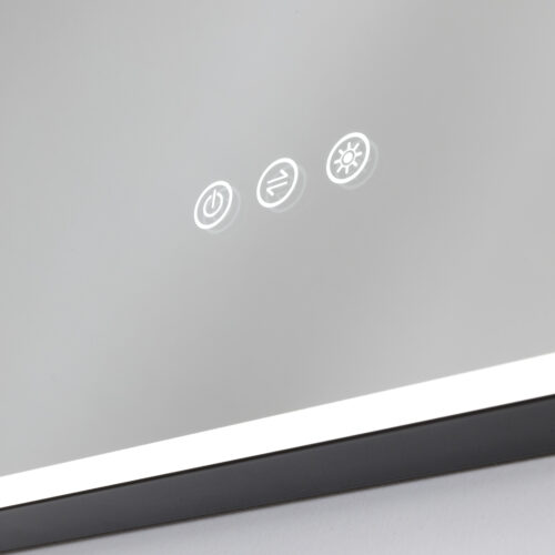 Detaljbild kvadratisk LED-spegel med svart aluminiumram och touch-knappar
