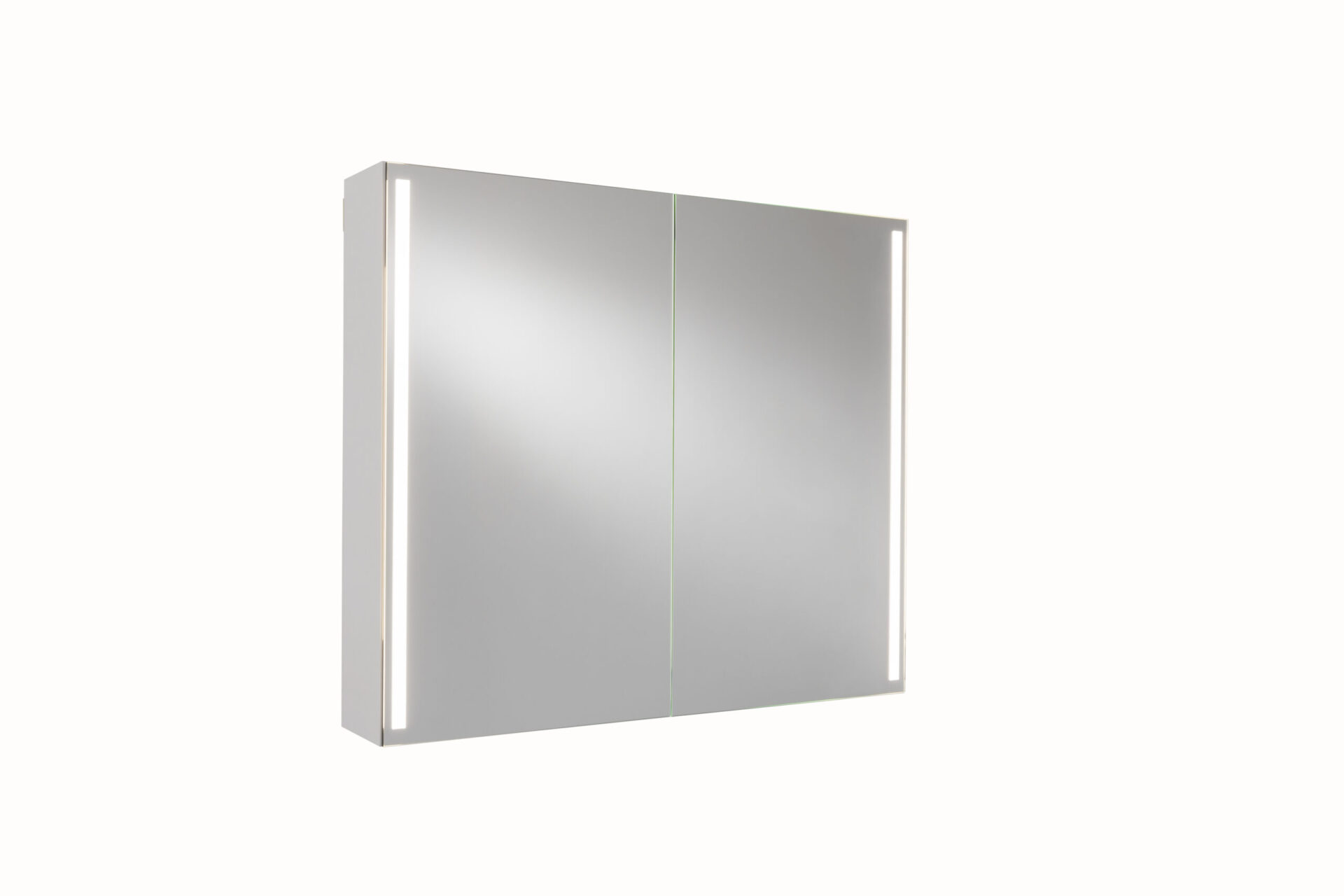 Elegant badrumsskåp med vertikal LED-belysning och inbyggda eluttag